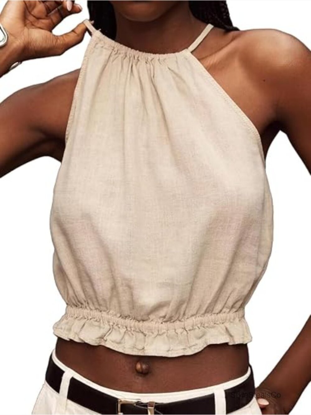 Women's Linen Crop Halter Tank Top Sleeveless High Neck Summer Shirt